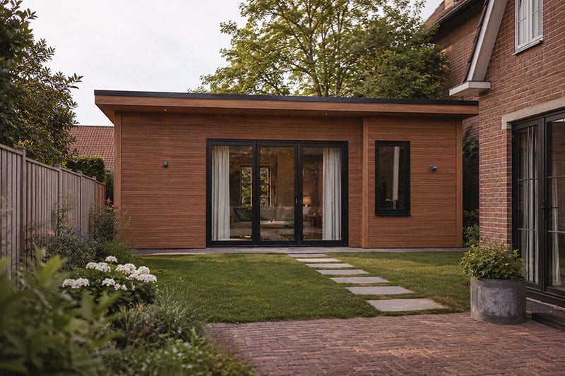 Moderne mantelzorgwoning met houten gevelbekleding en zwarte kozijnen in Nederlandse woonomgeving.