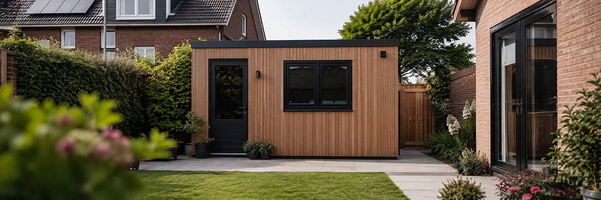 Compacte prefab mantelzorgwoning met verticale houten gevelbekleding, zwarte accenten en onderhoudsvriendelijke tuin.