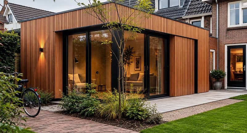 mantelzorgwoning-hout-hibgevels-brabant Mantelzorgwoning met warme houtuitstraling, verticale gevelbekleding en eigentijdse architectuur in Nederlandse woonwijk.