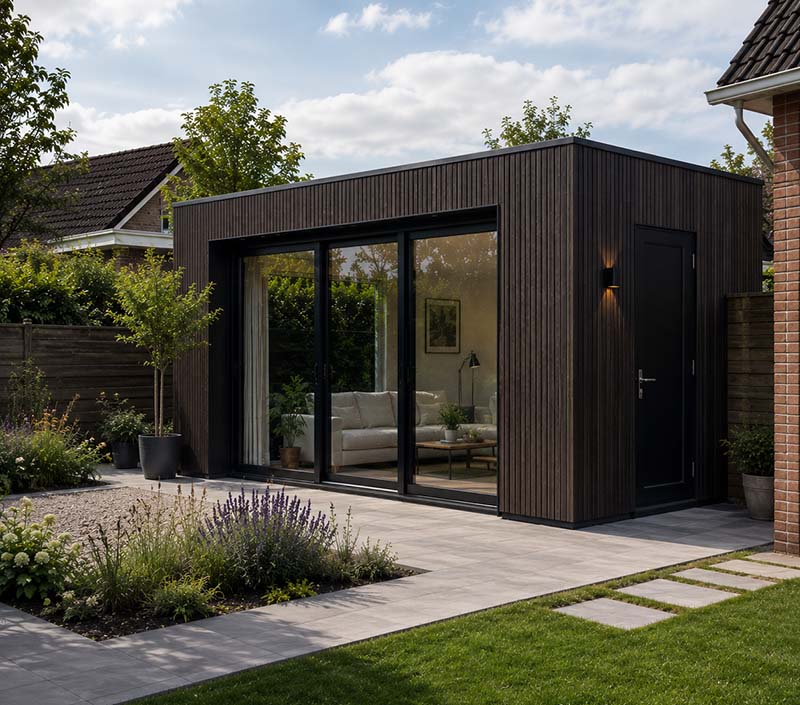 mantelzorgwoning van hout in donker fraké.