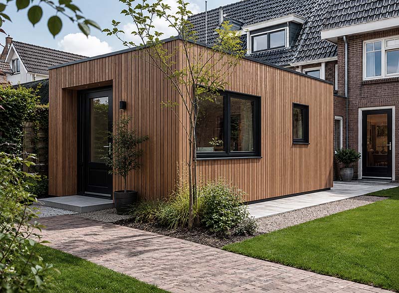 Mantelzorgwoning met warme houtuitstraling, verticale gevelbekleding en eigentijdse architectuur in Nederlandse woonwijk.
