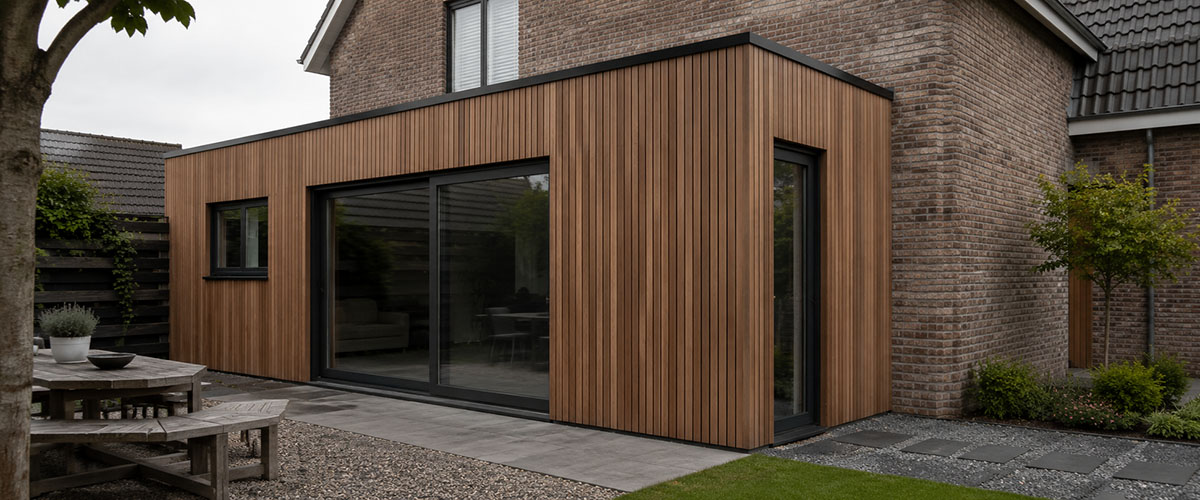Thermo Fraké gevelbekleding voor moderne aanbouw met karaktervolle houtstructuur