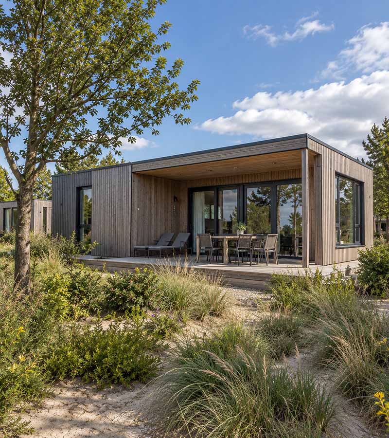 vakantiewoning-gevelbekleding-natuurlijk Nederlandse recreatiewoning met houten gevelbekleding in een groen vakantiepark
